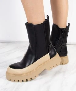 Miss Moda Luxe Chunky Sole Black And Beige Contrast Ankle Chelsea Boots