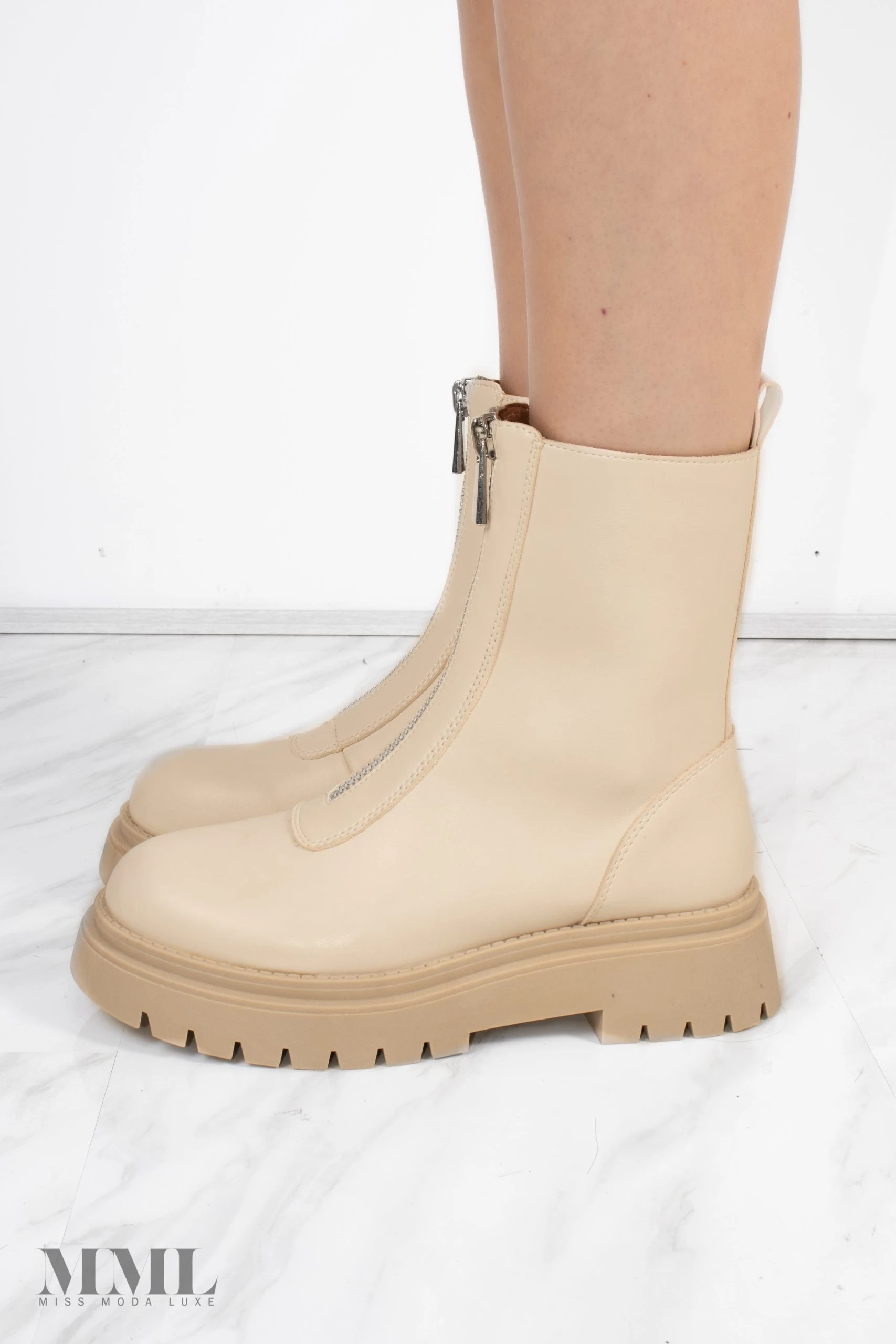 Miss Moda Luxe Beige PU Double Cleated Sole Zip Front Ankle Boots 3 Miss Moda Luxe Beige PU Double Cleated Sole Zip Front Ankle Boots - Image 3