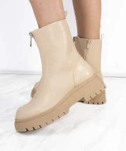 Miss Moda Luxe Beige PU Double Cleated Sole Zip Front Ankle Boots