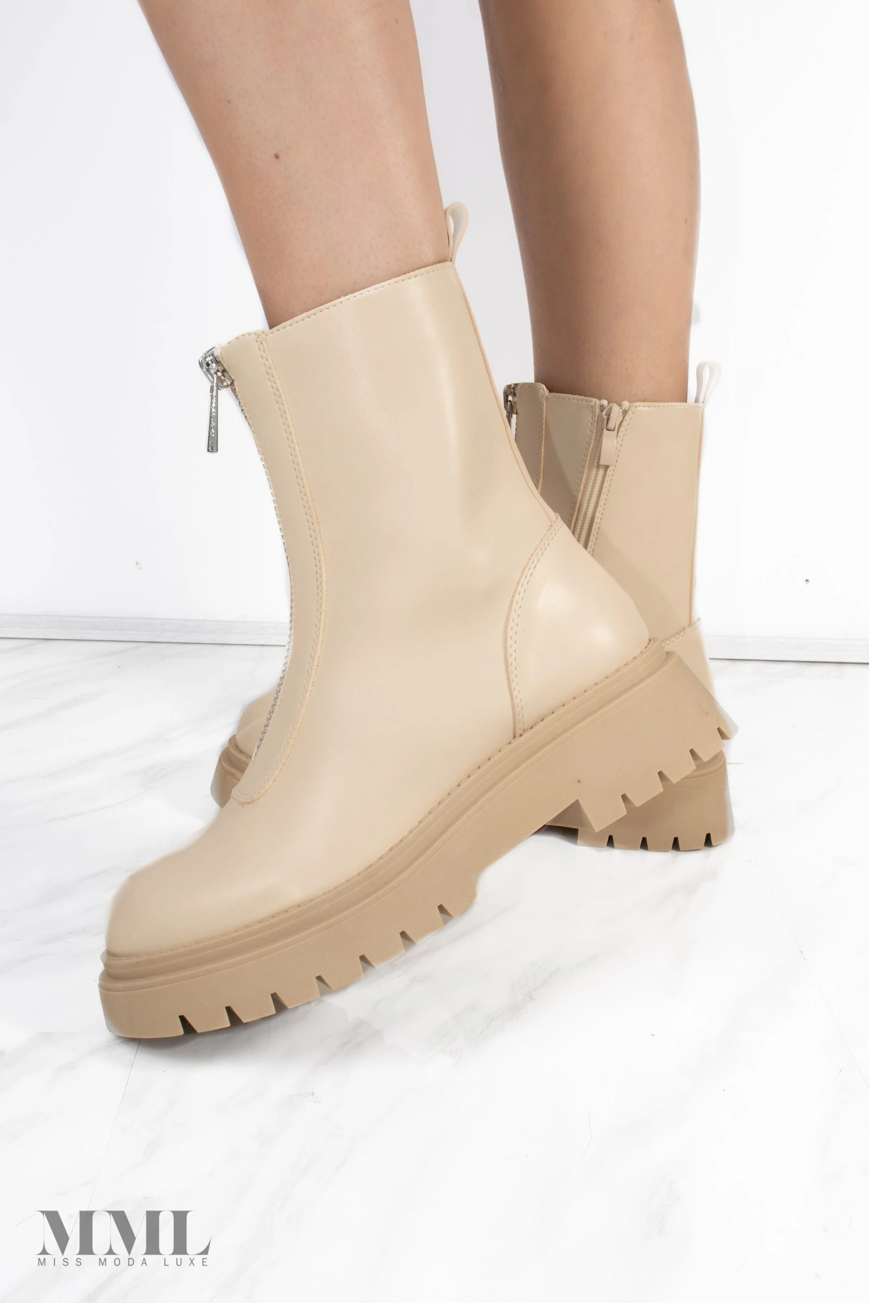 Miss Moda Luxe Beige PU Double Cleated Sole Zip Front Ankle Boots 1 Miss Moda Luxe Beige PU Double Cleated Sole Zip Front Ankle Boots