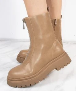 Miss Moda Luxe Taupe PU Double Cleated Sole Zip Front Ankle Boots