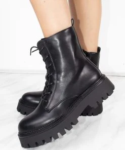 Miss Moda Luxe Black Lace Up Chunky Short Platform Ankle Boots