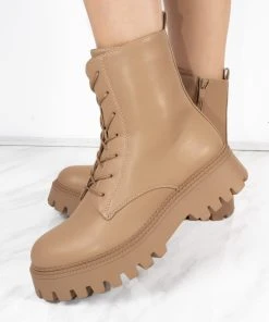 Miss Moda Luxe Camel Lace Up Chunky Short Platform Ankle Boots