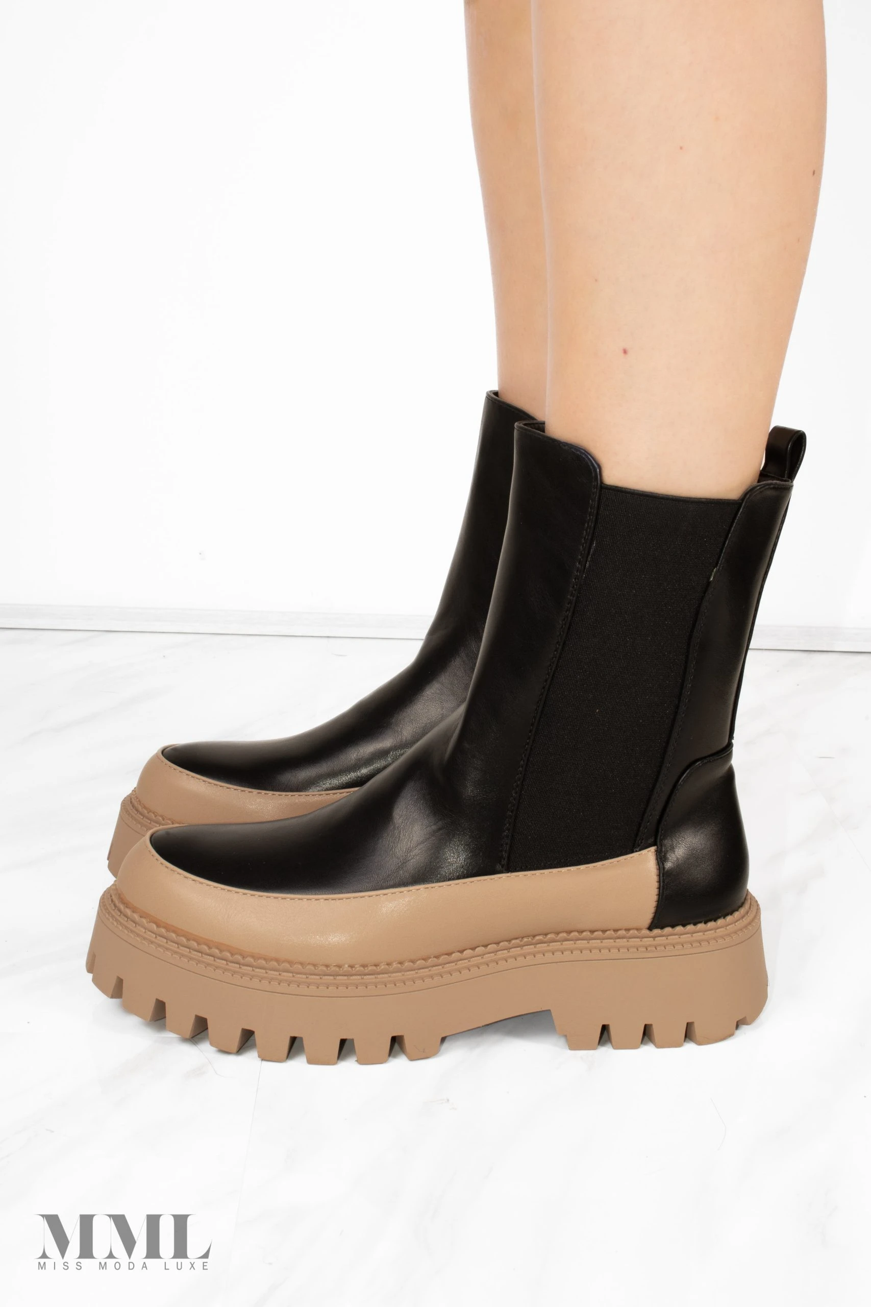 Miss Moda Luxe Chunky Sole Black And Camel Contrast Ankle Chelsea Boots 2 Miss Moda Luxe Chunky Sole Black And Camel Contrast Ankle Chelsea Boots - Image 2