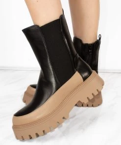 Miss Moda Luxe Chunky Sole Black And Camel Contrast Ankle Chelsea Boots