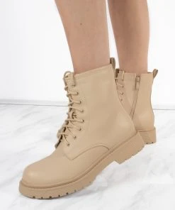 Miss Moda Luxe Beige Lace Up Short Chelsea Platform Ankle Boots