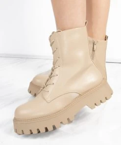 Miss Moda Luxe Beige Lace Up Chunky Short Platform Ankle Boots