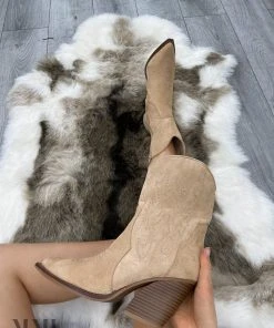 Miss Moda Luxe Beige Faux Suede Embroidered Western Pointed Toe Cowboy Boots