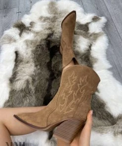 Miss Moda Luxe Camel Faux Suede Embroidered Western Pointed Toe Short Cowboy Boots