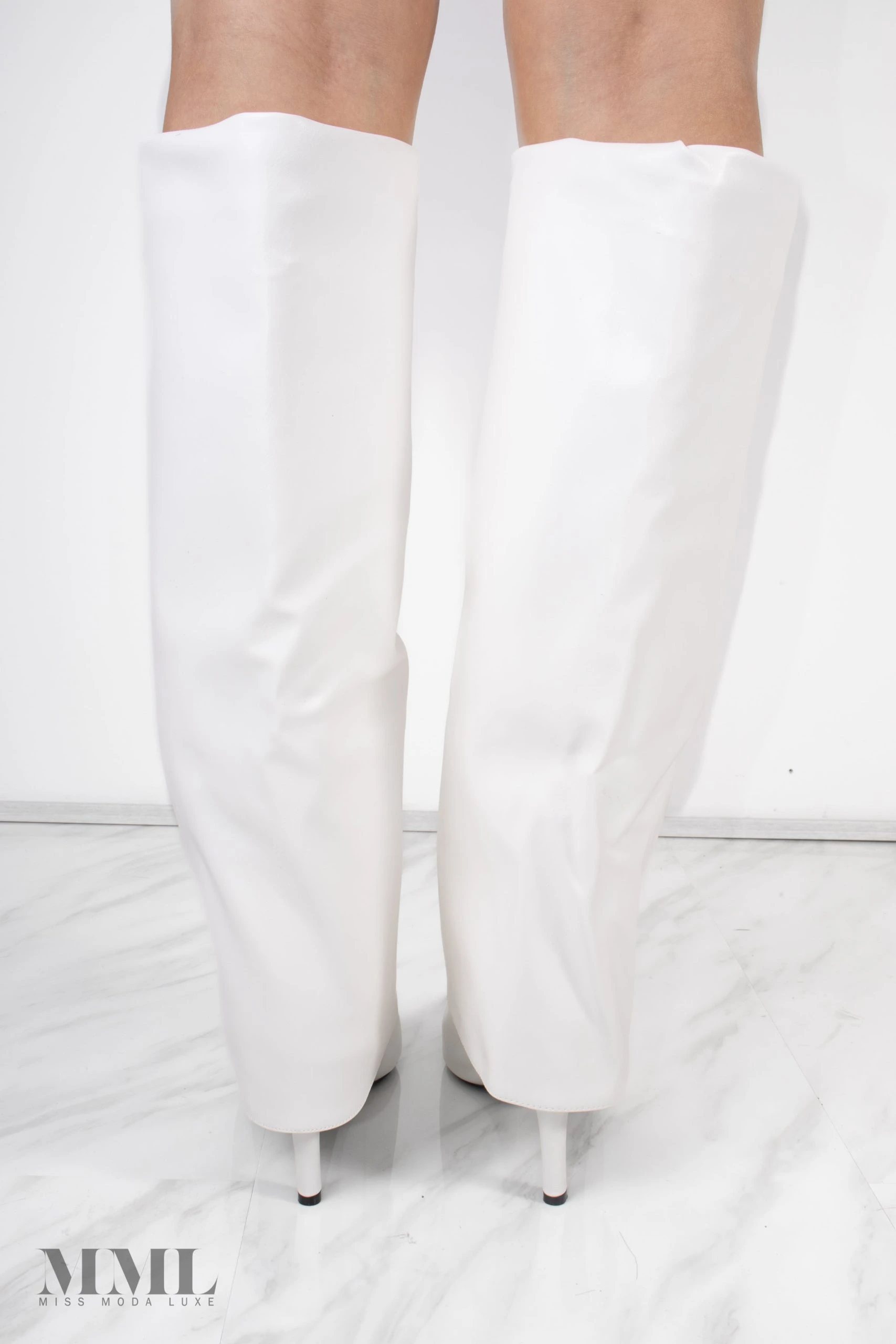 Miss Moda Luxe White Stiletto Leather Fold Over Shark Buckle Knee High Boot 2 Miss Moda Luxe White Stiletto Leather Fold Over Shark Buckle Knee High Boot - Image 2