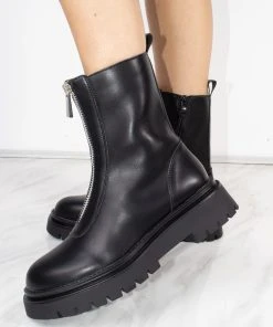 Miss Moda Luxe Black PU Double Cleated Sole Zip Front Ankle Boots