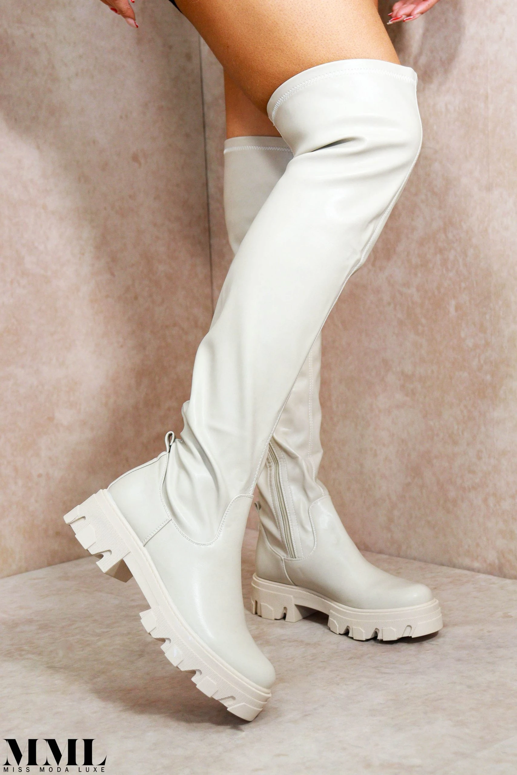 Miss Moda Luxe SASHA Beige Over The Knee Leather Look Boot 1 Miss Moda Luxe SASHA Beige Over The Knee Leather Look Boot