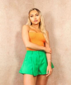 Miss Moda Luxe Green Tailored Cotton Long-line Button Up Shorts