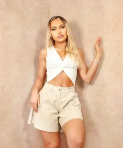 Miss Moda Luxe Beige Faux Leather Long-line Button Up Shorts