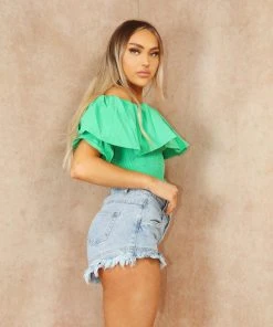 Miss Moda Luxe Green Frill Bardot Cinched Waist Top