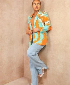 Miss Moda Luxe Turquoise And Orange Chain Multi Pattern Blazer
