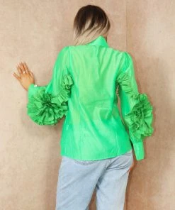 Miss Moda Luxe Green Frill Ruffle Organza Puff Sleeves Blouse With Diamond Button Details -Miss Moda Luxe Shop summer 052 scaled