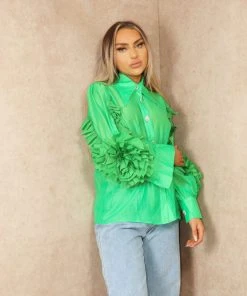 Miss Moda Luxe Green Frill Ruffle Organza Puff Sleeves Blouse With Diamond Button Details