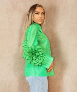 Miss Moda Luxe Green Frill Ruffle Organza Puff Sleeves Blouse With Diamond Button Details -Miss Moda Luxe Shop summer 055 scaled