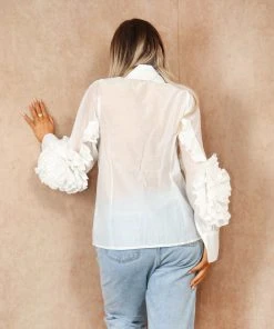 Miss Moda Luxe White Frill Ruffle Organza Puff Sleeves Blouse With Diamond Button Details -Miss Moda Luxe Shop summer 057 scaled
