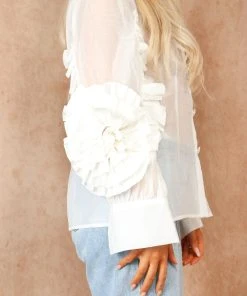 Miss Moda Luxe White Frill Ruffle Organza Puff Sleeves Blouse With Diamond Button Details -Miss Moda Luxe Shop summer 059 scaled