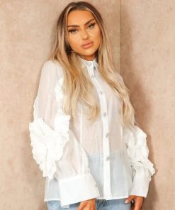 Miss Moda Luxe White Frill Ruffle Organza Puff Sleeves Blouse With Diamond Button Details