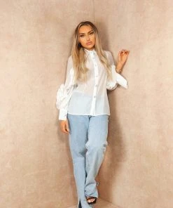 Miss Moda Luxe White Frill Ruffle Organza Puff Sleeves Blouse With Diamond Button Details -Miss Moda Luxe Shop summer 061 scaled