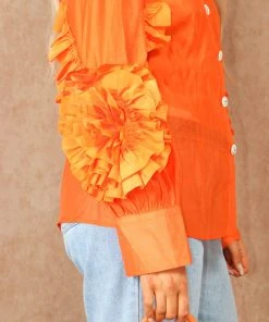 Miss Moda Luxe Orange Frill Ruffle Organza Puff Sleeves Blouse With Diamond Button Details -Miss Moda Luxe Shop summer 063 scaled