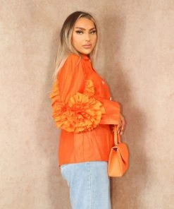 Miss Moda Luxe Orange Frill Ruffle Organza Puff Sleeves Blouse With Diamond Button Details -Miss Moda Luxe Shop summer 065 scaled