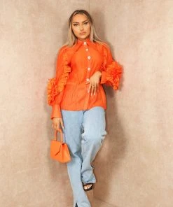 Miss Moda Luxe Orange Frill Ruffle Organza Puff Sleeves Blouse With Diamond Button Details