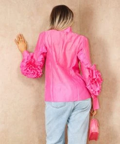 Miss Moda Luxe Pink Frill Ruffle Organza Puff Sleeves Blouse With Diamond Button Details -Miss Moda Luxe Shop summer 067 scaled