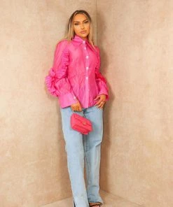 Miss Moda Luxe Pink Frill Ruffle Organza Puff Sleeves Blouse With Diamond Button Details -Miss Moda Luxe Shop summer 070 scaled