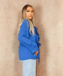 Miss Moda Luxe Blue Ruffle Chest Button Up Blouse -Miss Moda Luxe Shop summer 073 scaled