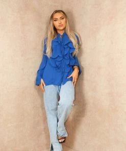 Miss Moda Luxe Blue Ruffle Chest Button Up Blouse