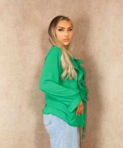 Miss Moda Luxe Green Ruffle Chest Button Up Blouse -Miss Moda Luxe Shop summer 077 scaled