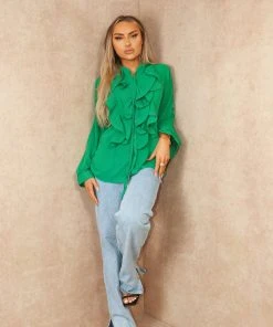 Miss Moda Luxe Green Ruffle Chest Button Up Blouse