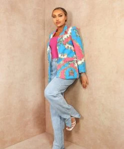 Miss Moda Luxe Blue And Pink Chain Multi Pattern Blazer