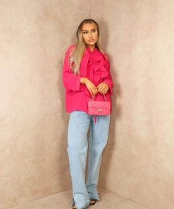 Miss Moda Luxe Pink Ruffle Chest Button Up Blouse