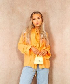 Miss Moda Luxe Mustard Ruffle Chest Button Up Blouse