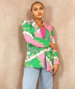 Miss Moda Luxe Pink And Green Chain Multi Pattern Blazer