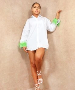 Miss Moda Luxe Green Feather Cuffed White Button Up Shirt