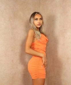 Miss Moda Luxe Orange Slinky Ruched Lace Trim Cami Dress -Miss Moda Luxe Shop summer 96 scaled