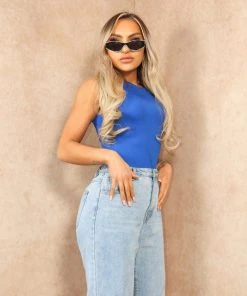 Miss Moda Luxe Blue Second Skin Slinky High Neck Bodysuit