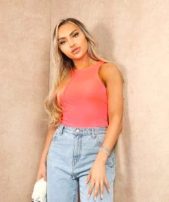 Miss Moda Luxe Neon Coral Second Skin Slinky High Neck Bodysuit