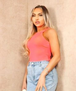 Miss Moda Luxe Neon Coral Second Skin Slinky High Neck Bodysuit -Miss Moda Luxe Shop summer2 022 scaled