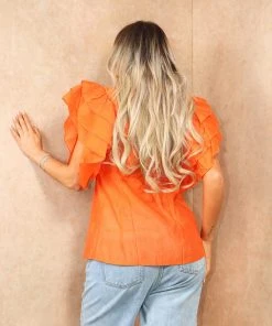 Miss Moda Luxe Orange Frill Ruffle Organza Puff Shoulder Blouse With Diamond Button Details -Miss Moda Luxe Shop summer2 027 scaled