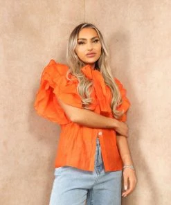 Miss Moda Luxe Orange Frill Ruffle Organza Puff Shoulder Blouse With Diamond Button Details -Miss Moda Luxe Shop summer2 029 scaled