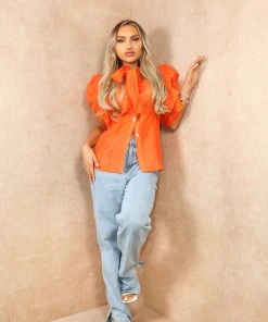Miss Moda Luxe Orange Frill Ruffle Organza Puff Shoulder Blouse With Diamond Button Details