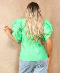 Miss Moda Luxe Green Frill Ruffle Organza Puff Shoulder Blouse With Diamond Button Details -Miss Moda Luxe Shop summer2 032 scaled