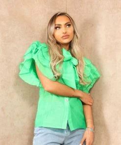 Miss Moda Luxe Green Frill Ruffle Organza Puff Shoulder Blouse With Diamond Button Details -Miss Moda Luxe Shop summer2 035 scaled